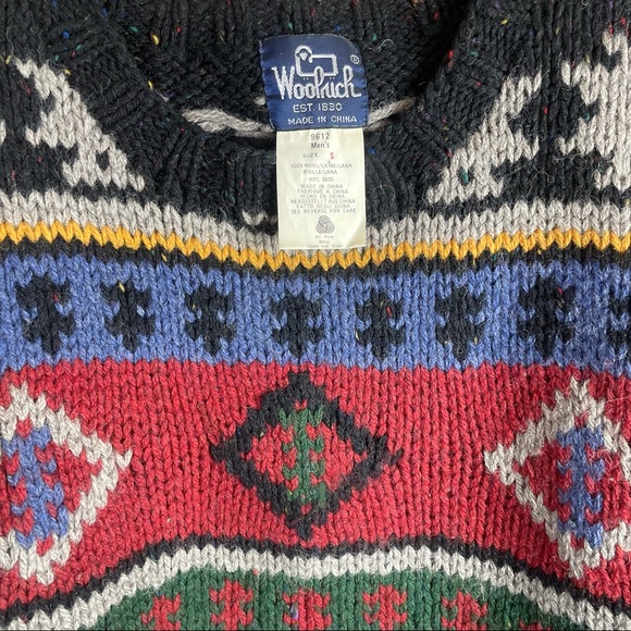 WOOLRICH Vintage 100% Pure Wool Diamond Tribal Thick Winter Crewneck Sweater - Picture 6 of 7